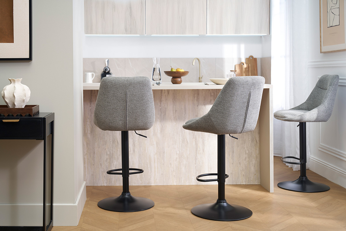 Tabourets de bar rglables pivotants 360 en tissu effet velours textur gris et mtal (lot de 2) ALESS