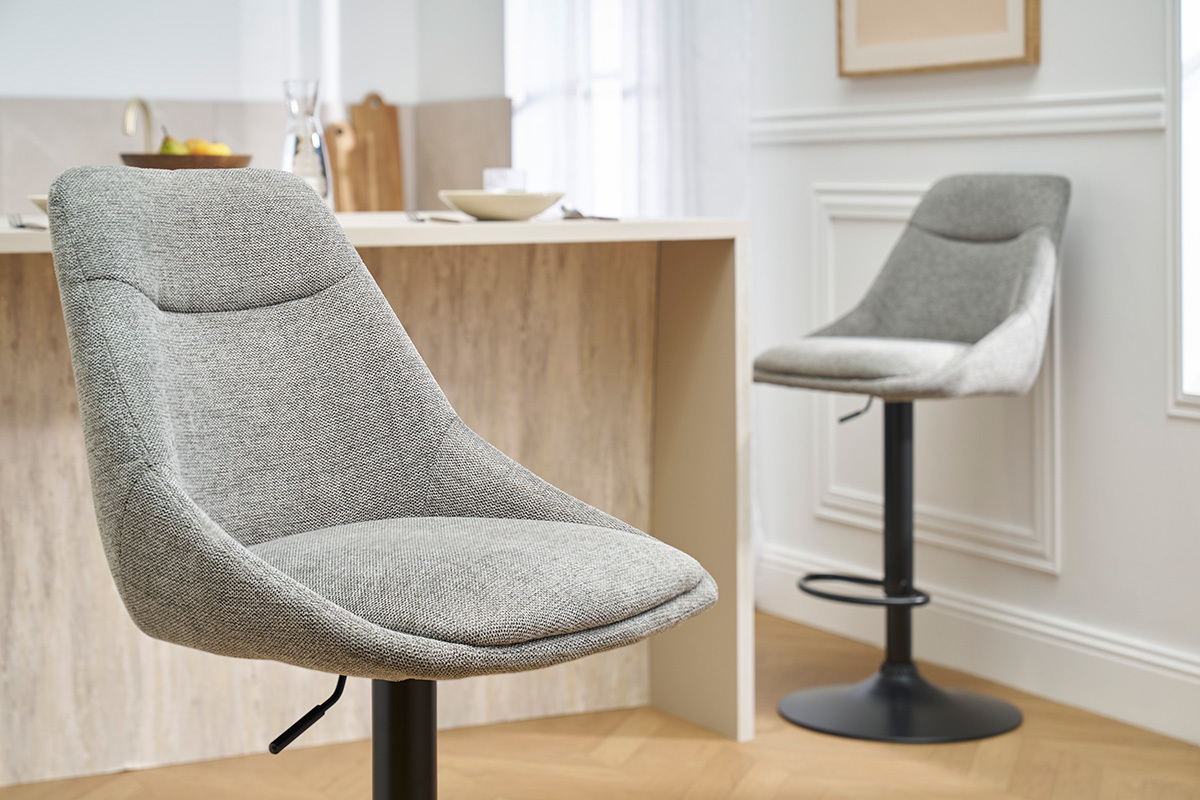 Tabourets de bar rglables pivotants 360 en tissu effet velours textur gris et mtal (lot de 2) ALESS