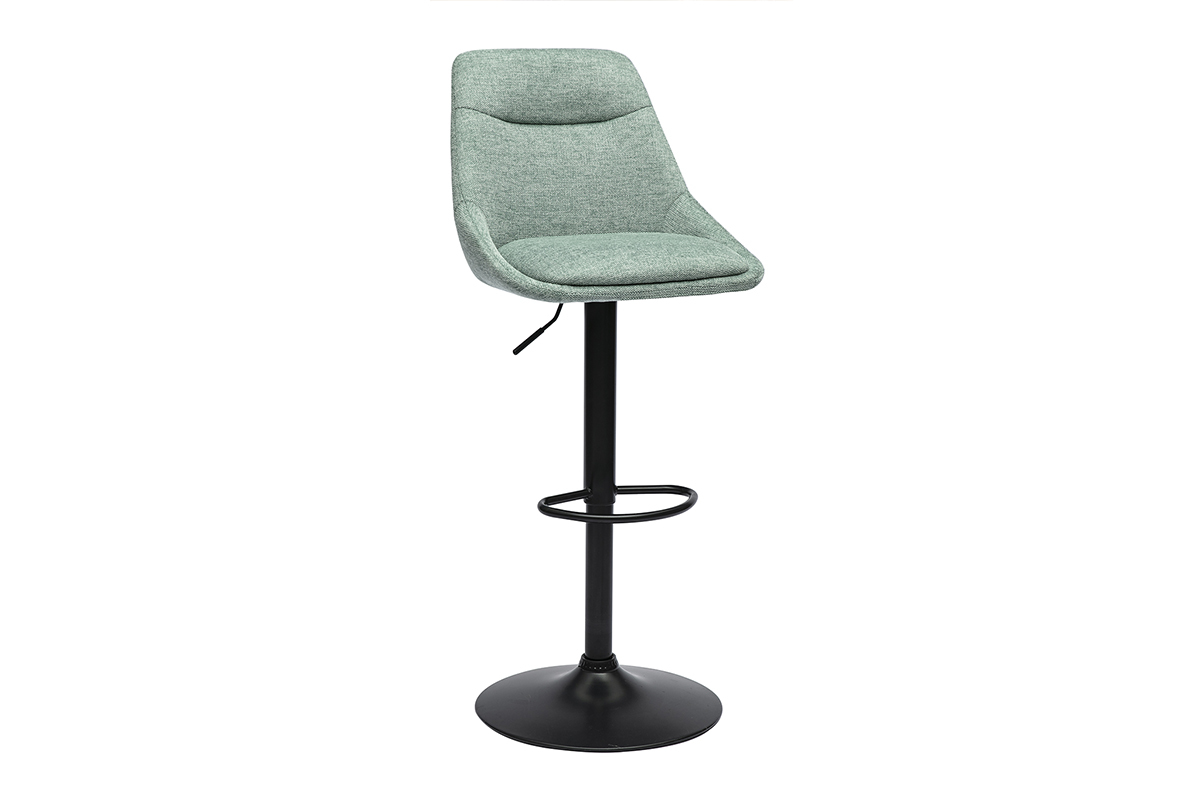 Tabouret de bar vert cladon, rglable, pivotant  360, avec base en mtal noir, vue de 3/4.