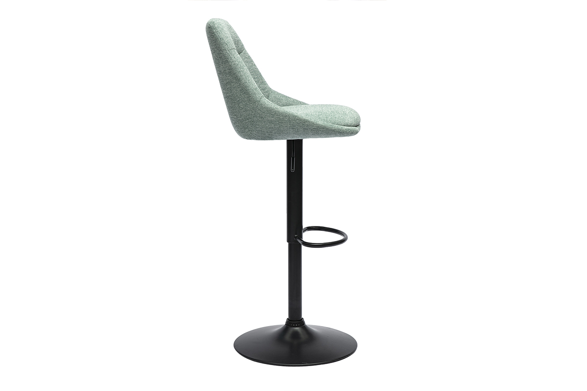 Tabouret de bar vert cladon, vue de profil, pivotant avec mtal noir.