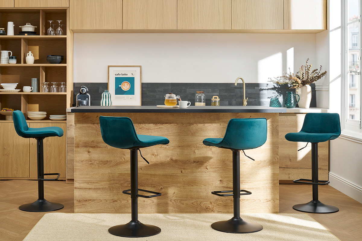 Tabourets de bar rglables pivotants 360 en tissu velours bleu ptrole et mtal noir (lot de 2) BOOST