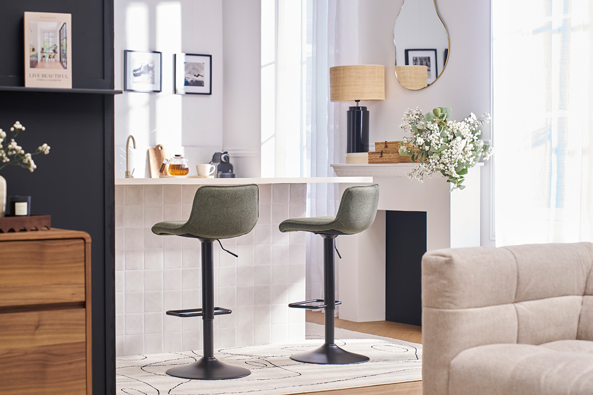 Tabourets de bar rglables pivotants 360 en tissu vert kaki et mtal noir (lot de 2) BOOST