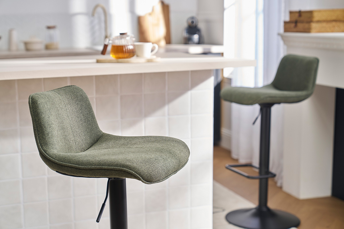 Tabourets de bar rglables pivotants 360 en tissu vert kaki et mtal noir (lot de 2) BOOST
