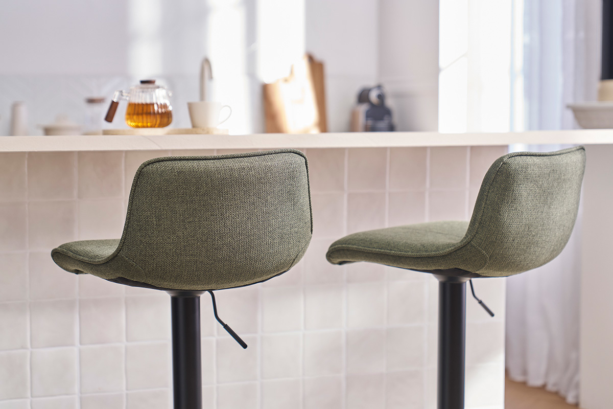 Tabourets de bar rglables pivotants 360 en tissu vert kaki et mtal noir (lot de 2) BOOST
