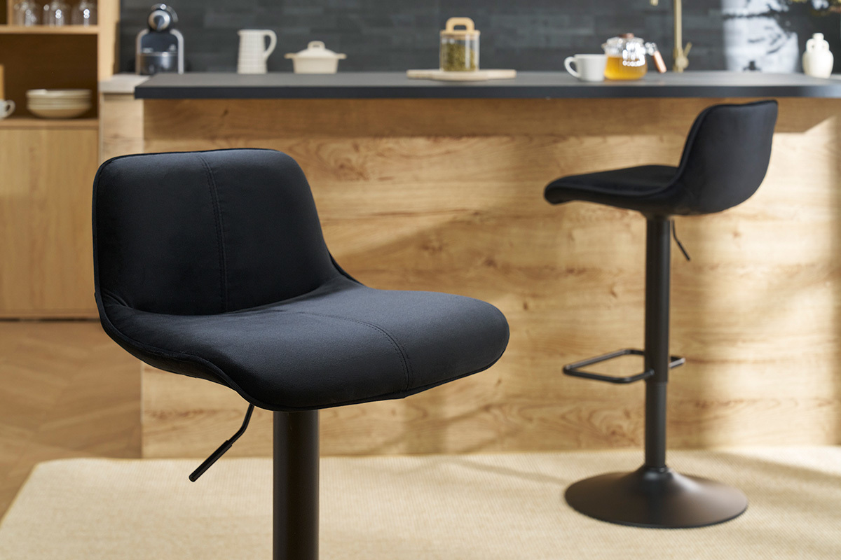 Tabourets de bar rglables pivotants 360 noirs en tissu velours et mtal (lot de 2) BOOST