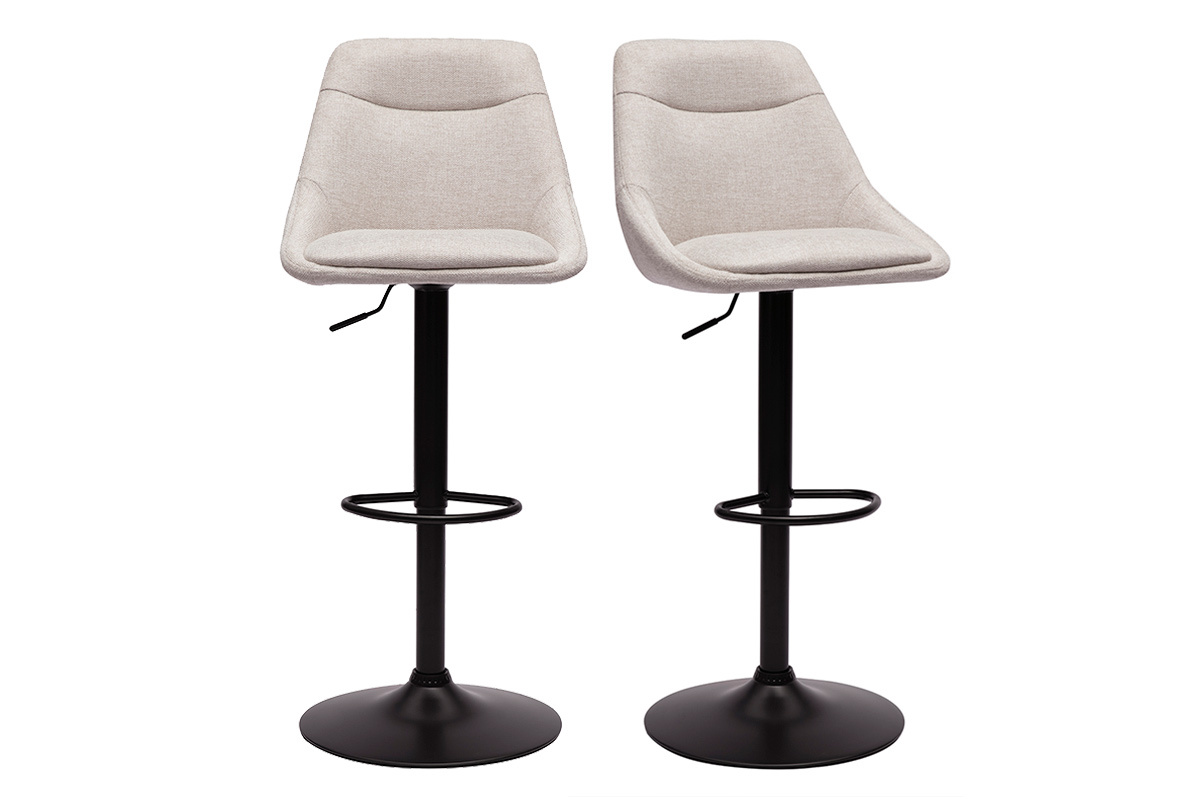 Deux tabourets de bar pivotants en tissu beige et m�tal noir, vue de face.