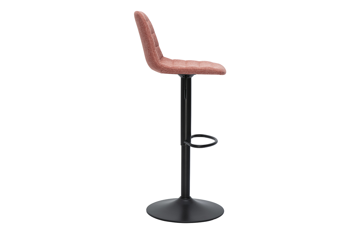 Tabouret de bar r�glable en tissu terracotta et m�tal noir, vue de profil.