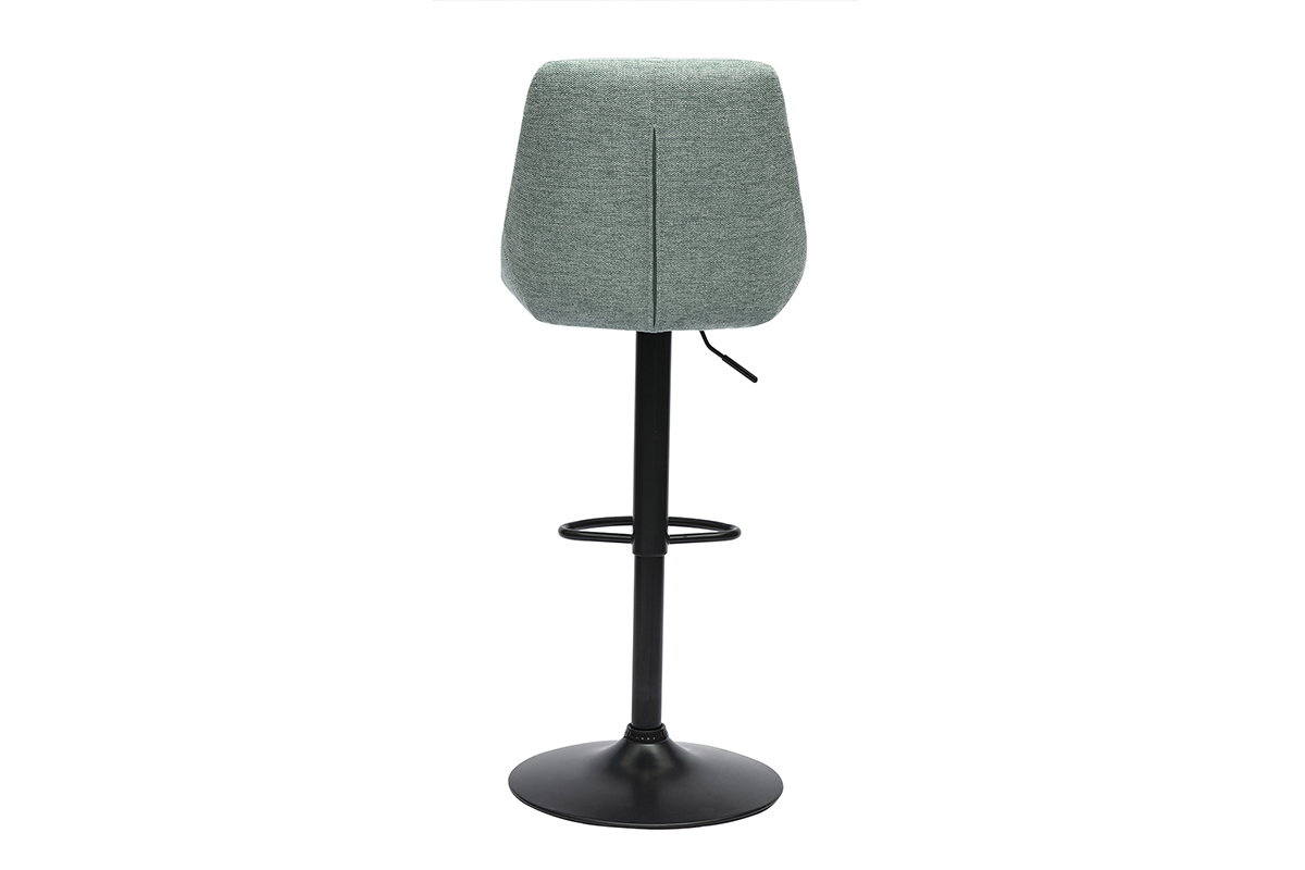 Tabouret de bar en tissu vert c�ladon et m�tal noir, vue de dos.