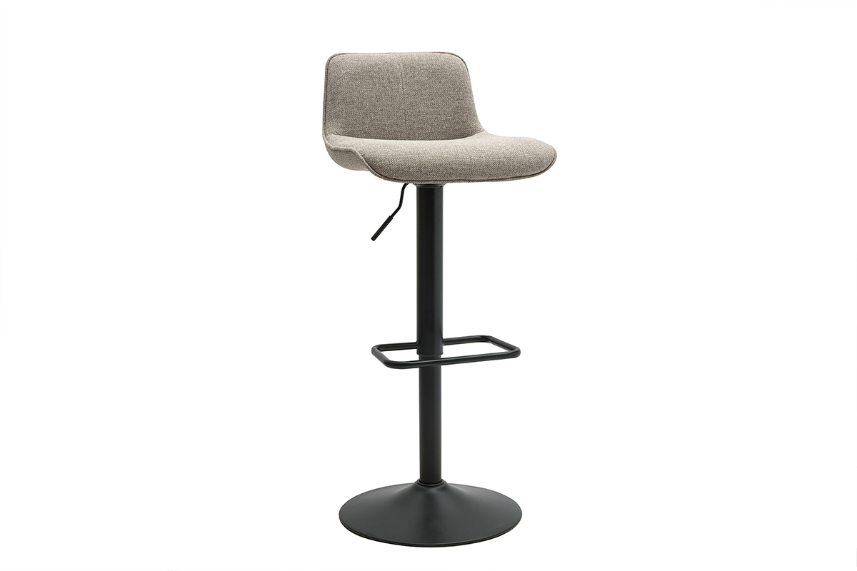Tabouret de bar r�glable en tissu taupe et m�tal noir, vue de 3/4.