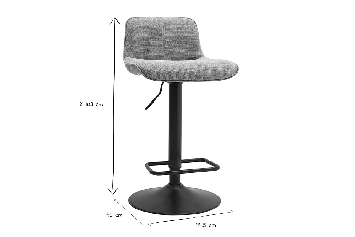 Dimensions du tabouret de bar : hauteur 81-103 cm, largeur 45 cm, profondeur 44,5 cm, en noir et blanc.