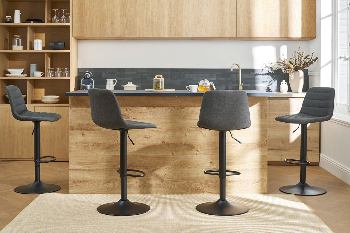 Tabourets de bar r�glables pivotants 360� tissu et m�tal gris fonc� (lot de 2) SAURY