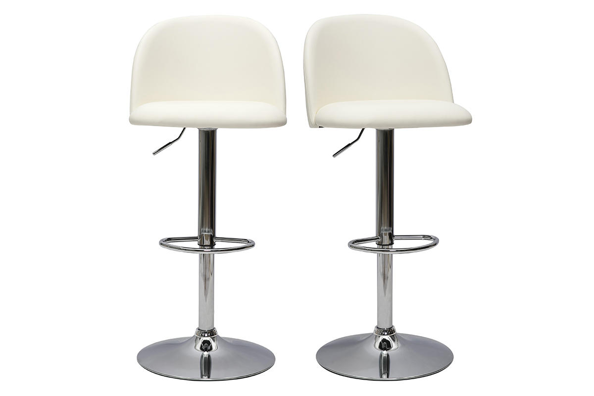 Tabourets de bar r�glables polyur�thane blanc et m�tal chrom� (lot de 2) CELESTE