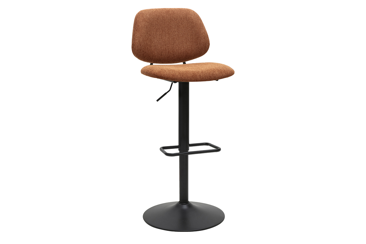 Tabouret de bar design en tissu effet velours terre brle et mtal noir, vue de 3/4.