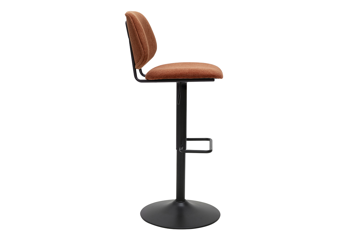 Tabouret de bar en tissu terre brle et mtal noir, vue de profil.