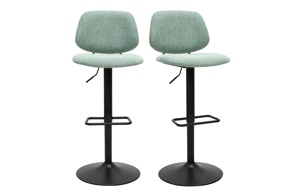 Deux tabourets de bar en tissu vert cladon et mtal noir, vue de face.