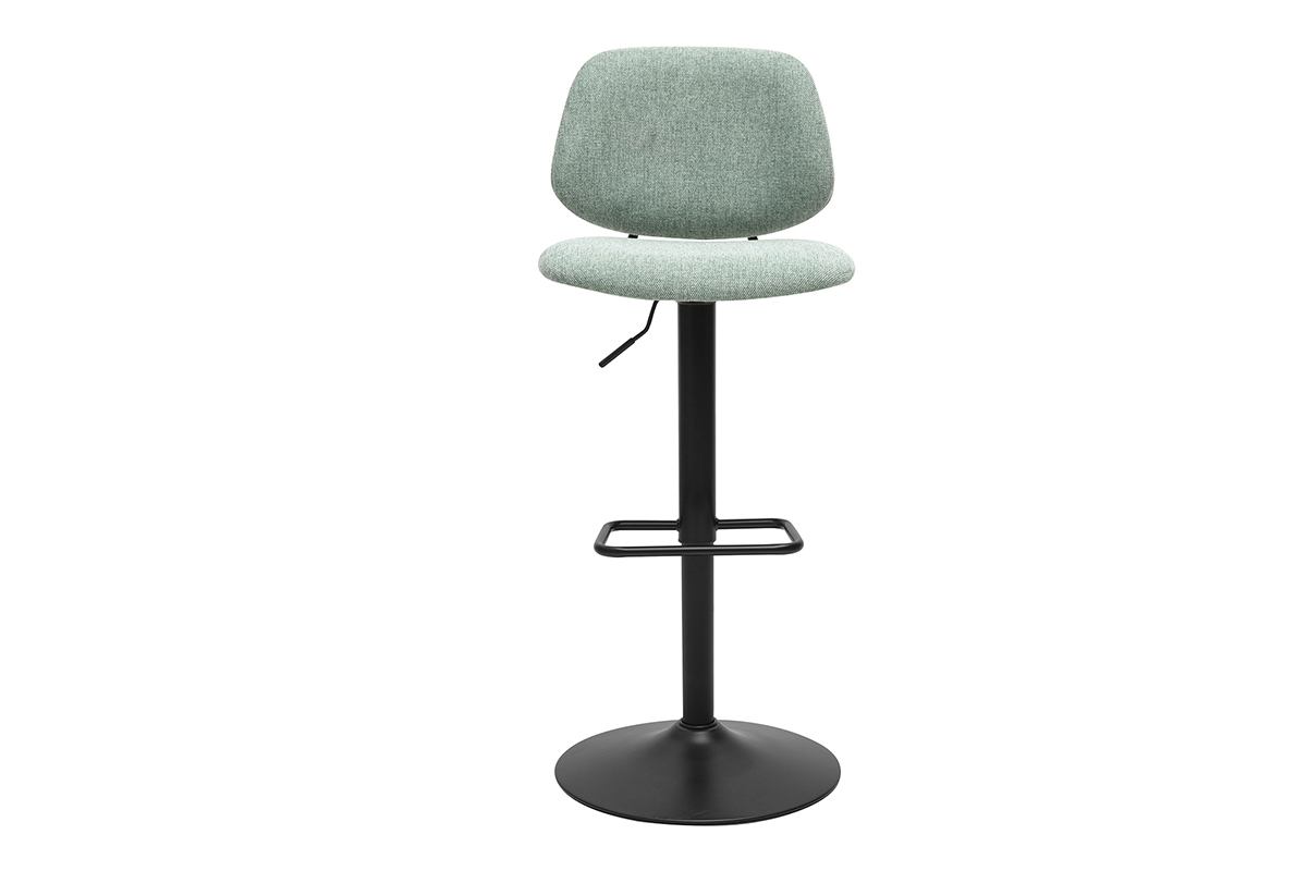 Tabouret de bar vert cladon en tissu effet velours et mtal noir, vue frontale.