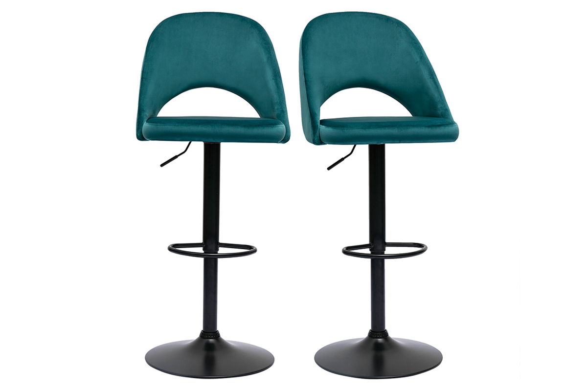 Tabourets de bar relevables en velours bleu p�trole et m�tal noir (lot de 2) COSETTE