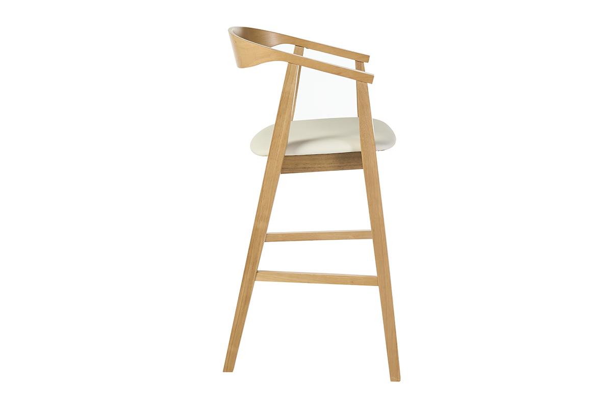 Tabouret de bar scandinave blanc et bois clair, vue de profil avec accoudoirs.