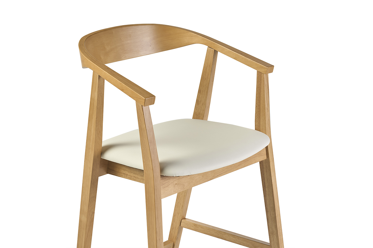 Tabouret de bar scandinave blanc et bois clair, vue de trois-quarts, assise confortable.