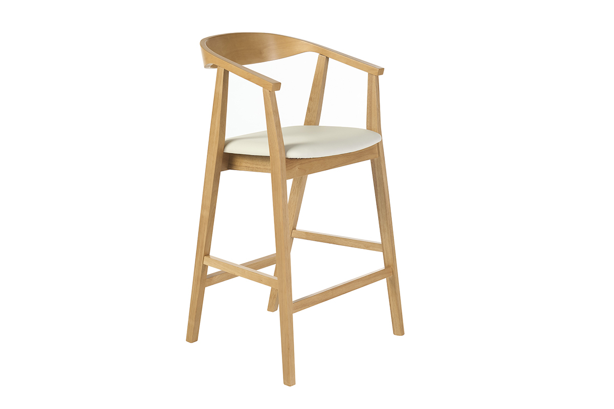 Tabouret de bar scandinave blanc et bois clair, vue de 3/4, hauteur H66,5 cm.
