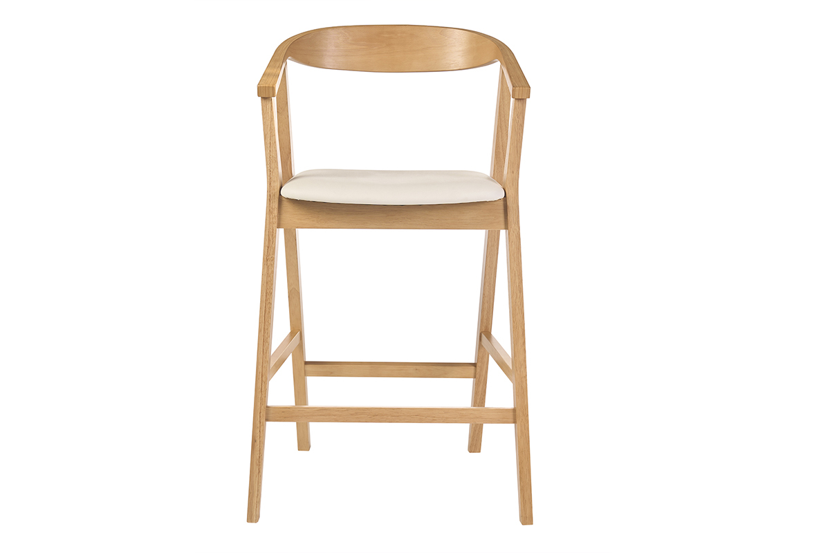 Tabouret de bar scandinave blanc et bois clair, vue de face, H66.5 cm.