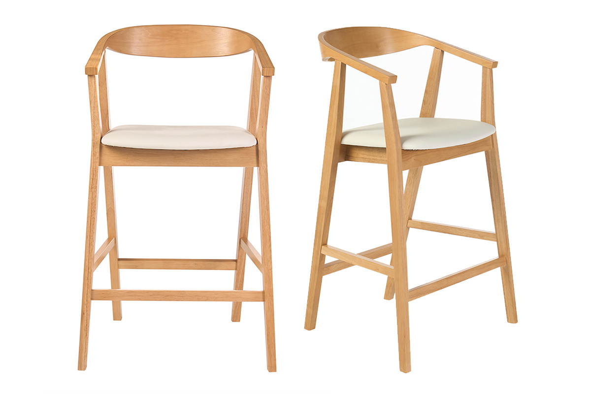 Tabourets de bar scandinaves blancs et bois clair H66.5 cm, vue de face et 3/4.