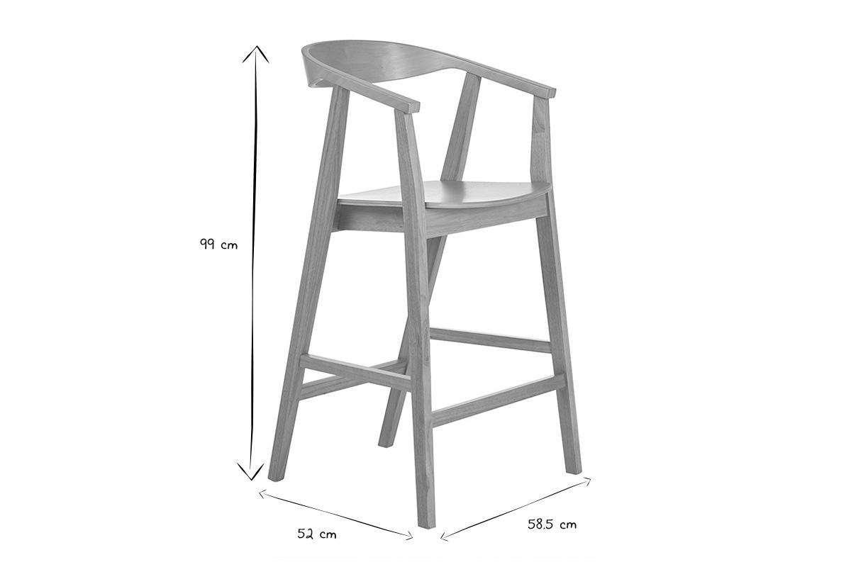 Dimensions d'un tabouret de bar scandinave en bois clair, noir et blanc, 99x58,5x52 cm.