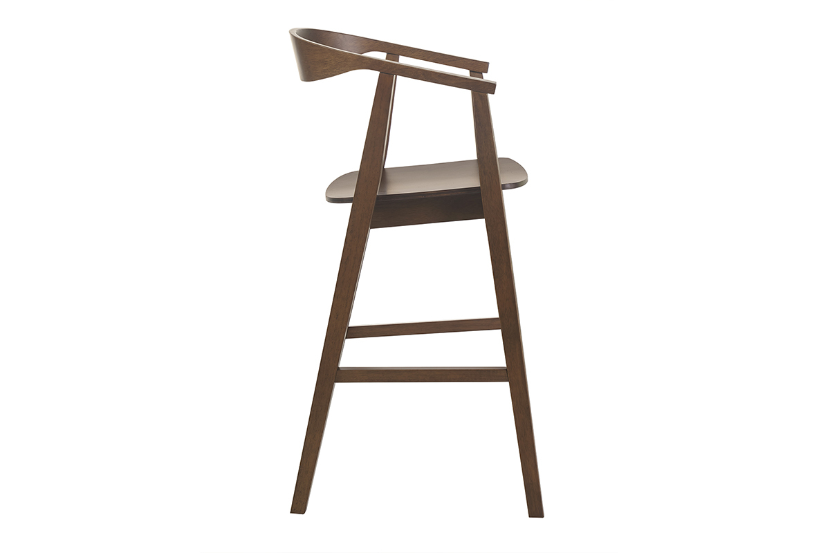 Tabouret de bar scandinave en bois fonc vu de profil.
