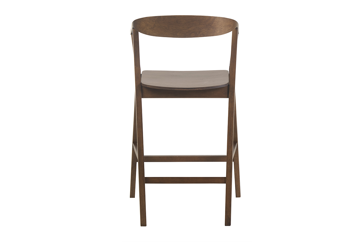 Tabouret de bar scandinave en bois fonc, vue de dos.