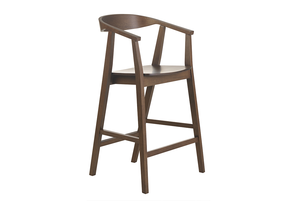 Tabouret de bar scandinave en bois fonc avec dossier et accoudoirs, vue de ct.