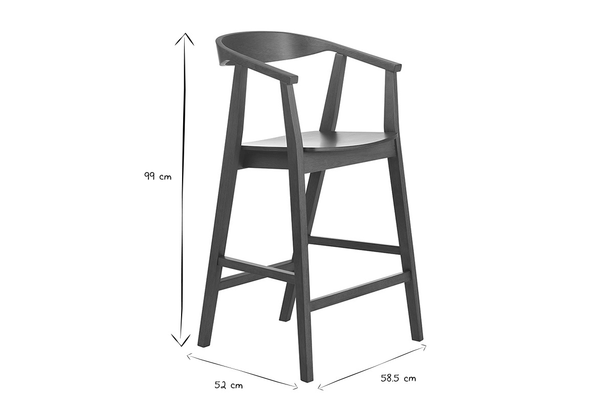 Tabouret de bar scandinave BAHIA en bois fonc, dimensions: L58,5 x P52 x H99 cm, vue de profil, noir et blanc.