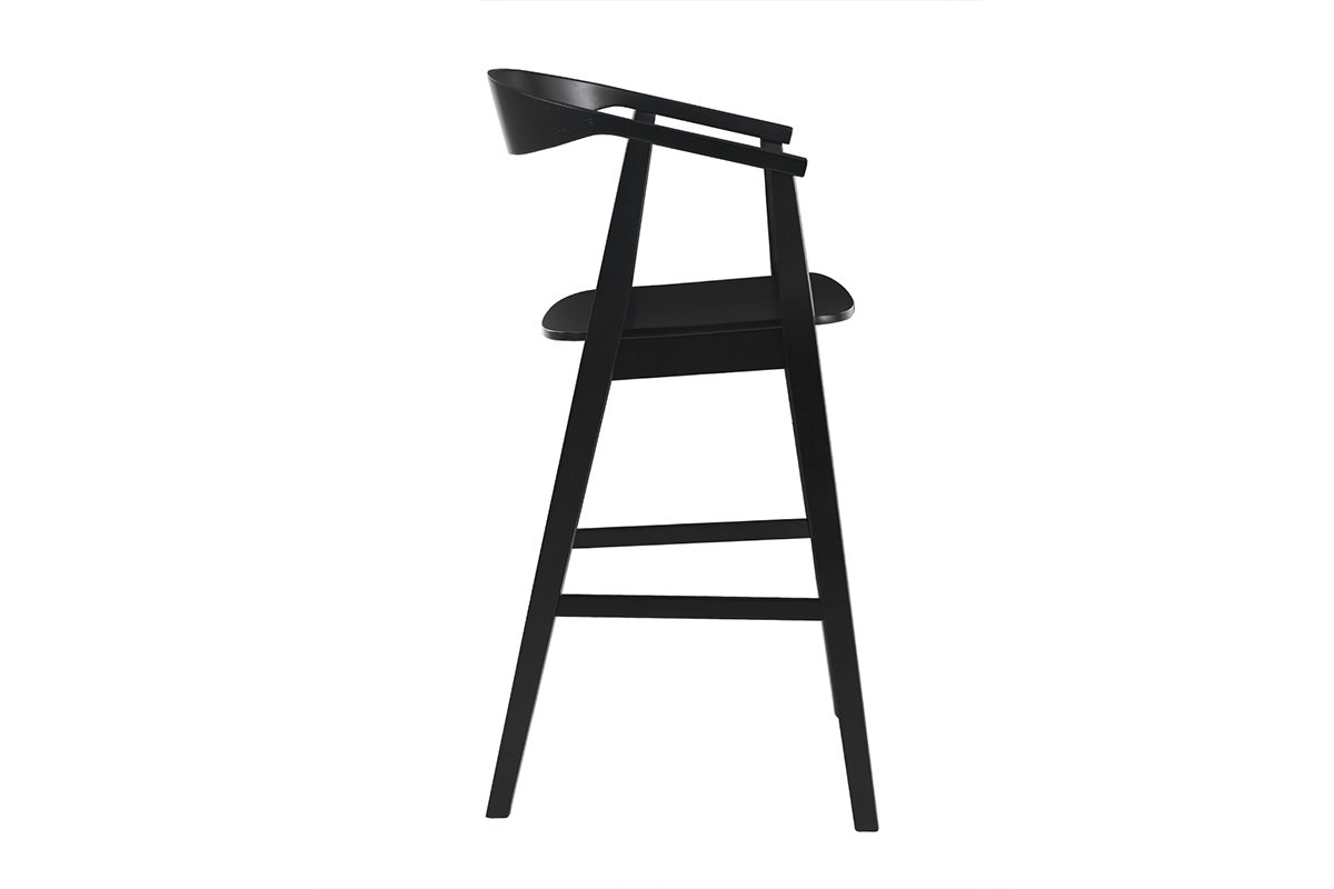 Tabouret de bar scandinave en bois noir, vue de profil.