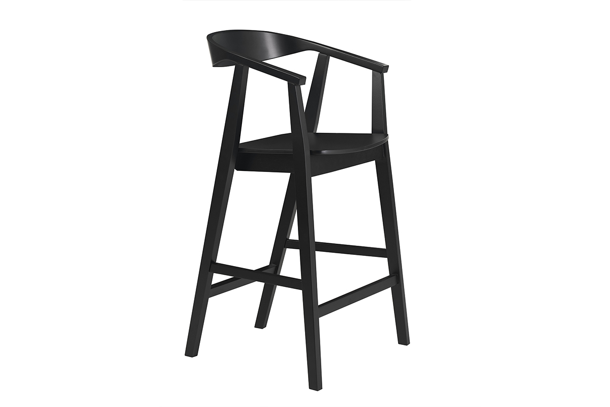 Tabouret de bar noir scandinave en bois, vue de 3/4.