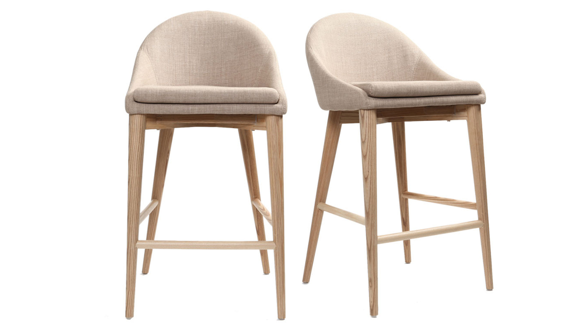 Tabourets de bar scandinaves en tissu beige et frêne massif H66 cm (lot