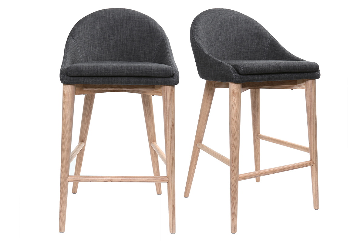 Tabourets de bar scandinaves en tissu gris anthracite et fr�ne massif H66 cm (lot de 2) DALIA