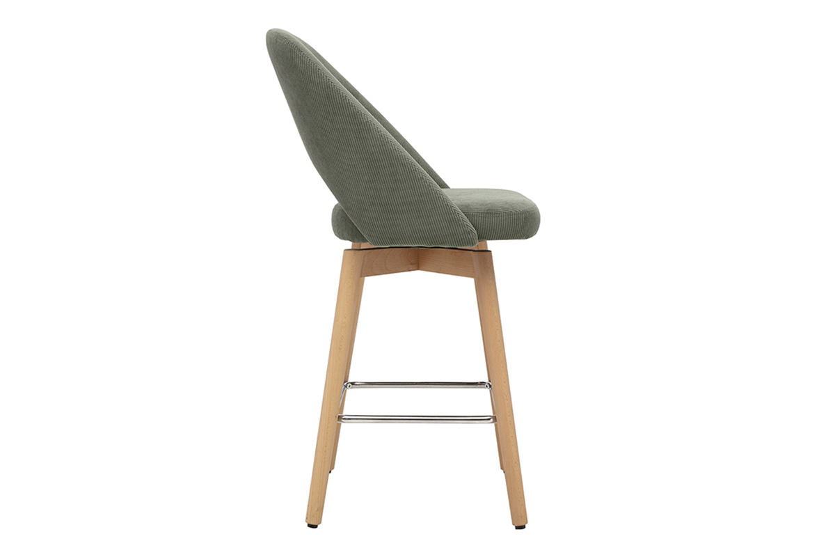 Tabouret de bar en velours c�tel� vert kaki, vue de profil, pieds en h�v�a.