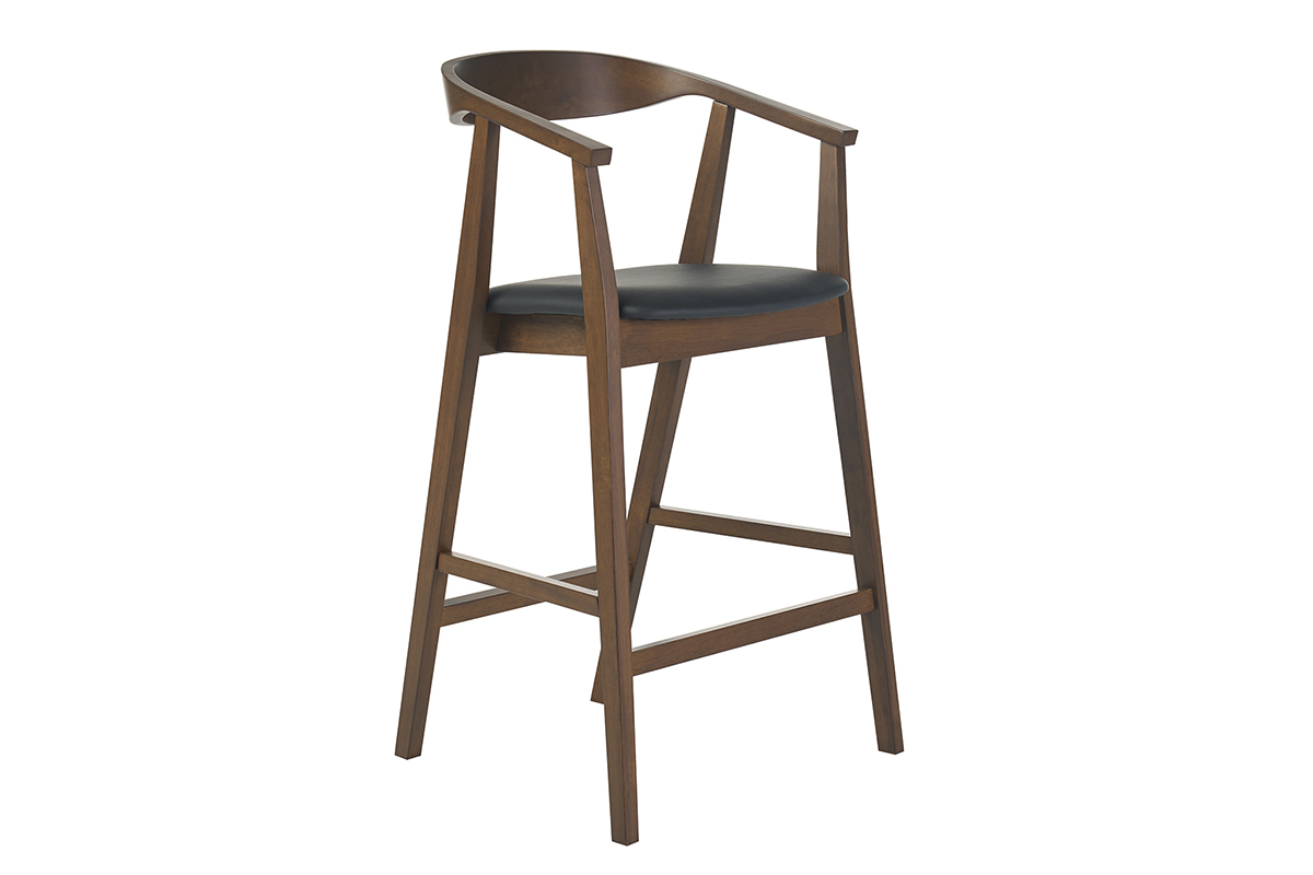 Tabouret de bar scandinave noir et bois fonc�, vue de 3/4, avec accoudoirs et dossier haut.