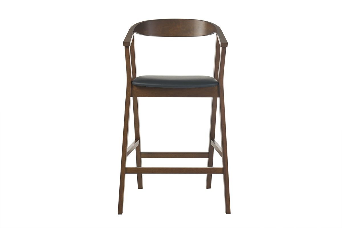 Tabouret de bar scandinave noir et bois fonc�, vue de face, H66.5 cm.