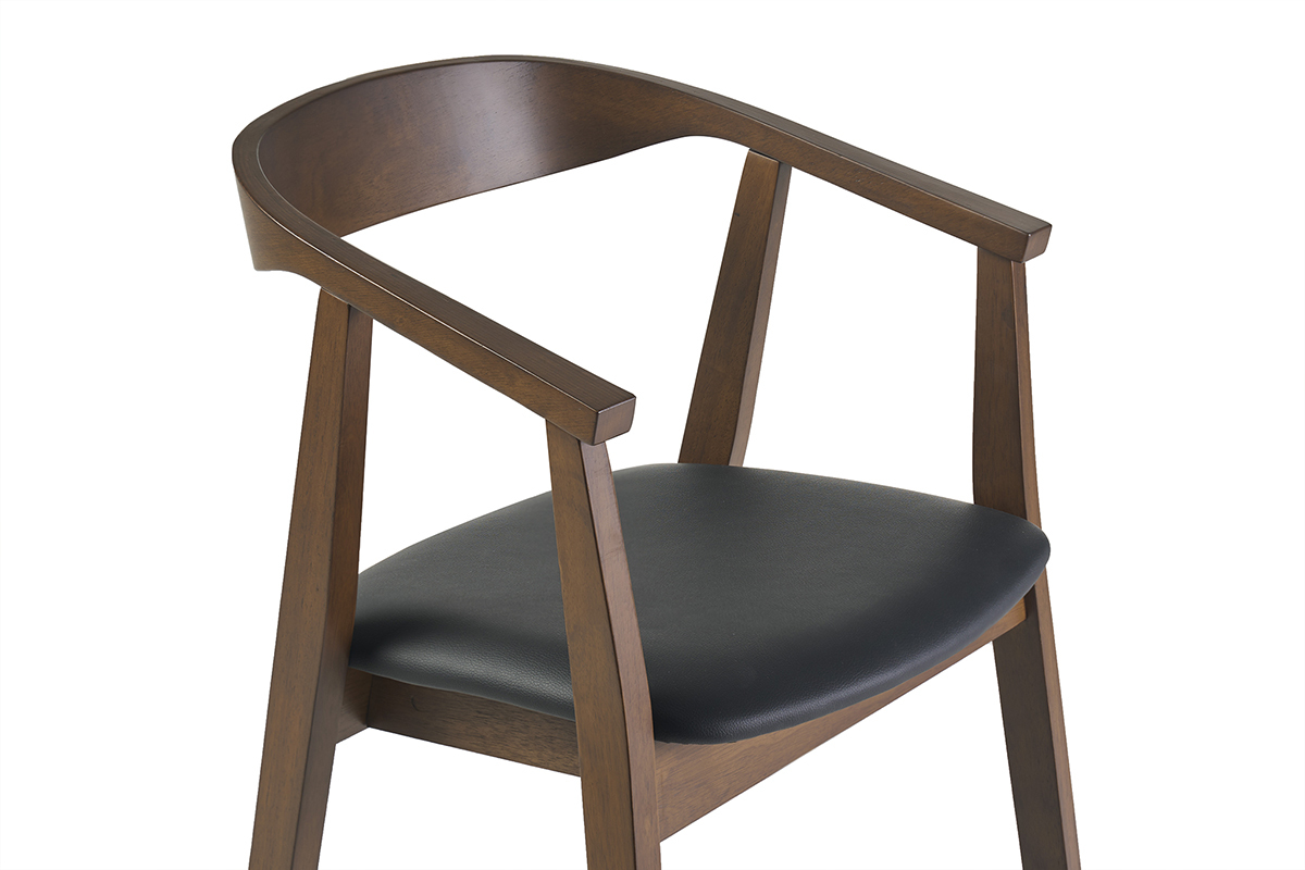 Tabouret de bar scandinave noir et bois fonc�, vue de c�t�, avec accoudoirs et assise confortable