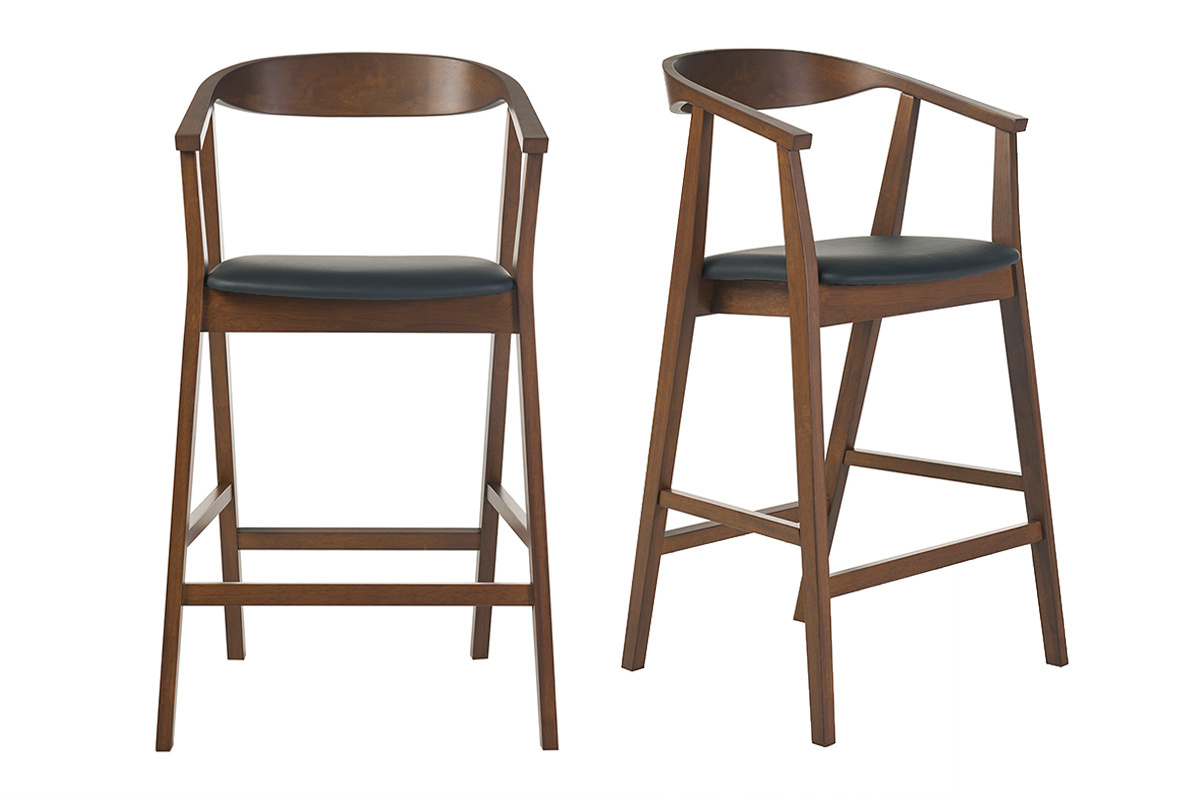 Tabourets de bar scandinaves noirs et bois fonc�, vue de face, H66.5 cm, lot de 2
