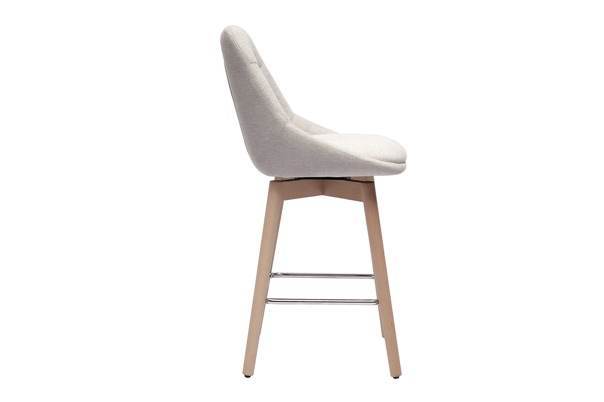 Tabouret de bar scandinave beige en profil, avec pieds en bois clair et repose-pieds mtal.