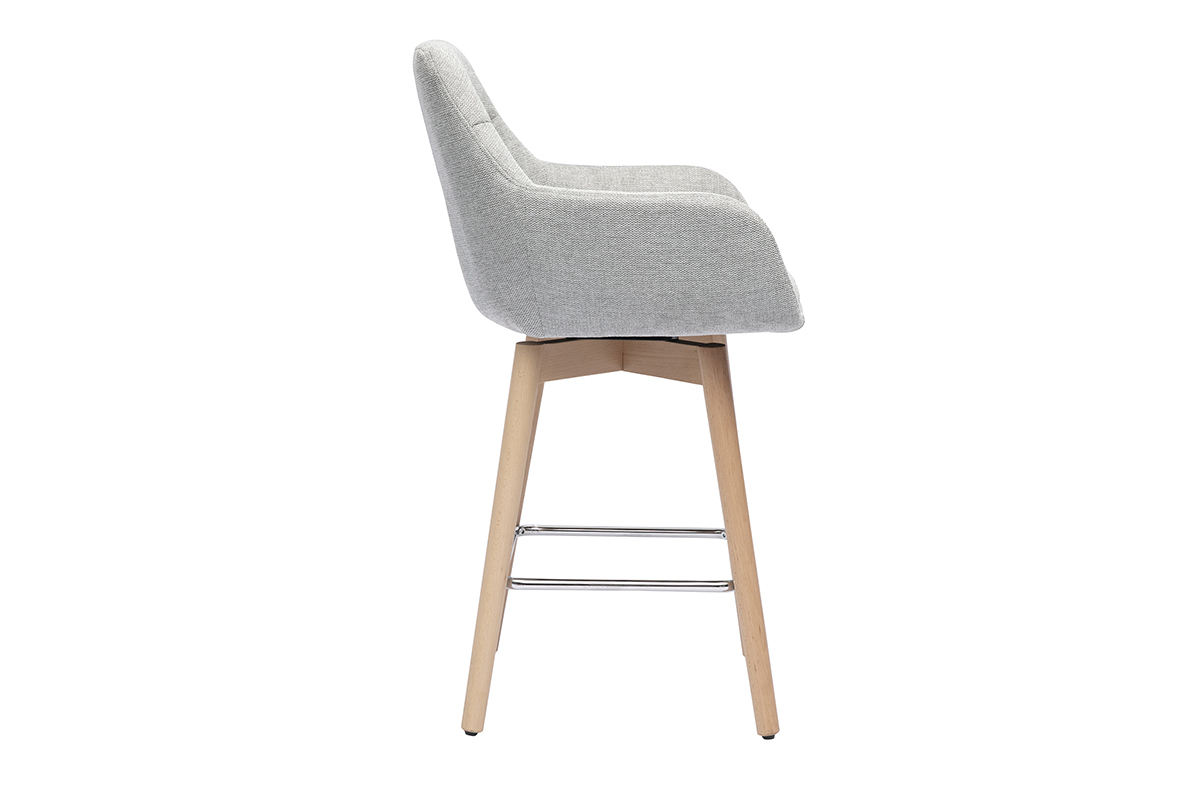 Tabouret de bar scandinave en tissu gris et bois clair, vue de profil.