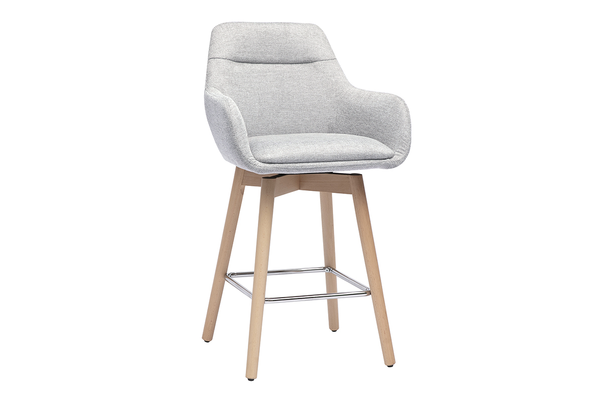 Tabouret de bar scandinave gris clair avec tissu effet velours, structure en bois, angle de trois-quarts.