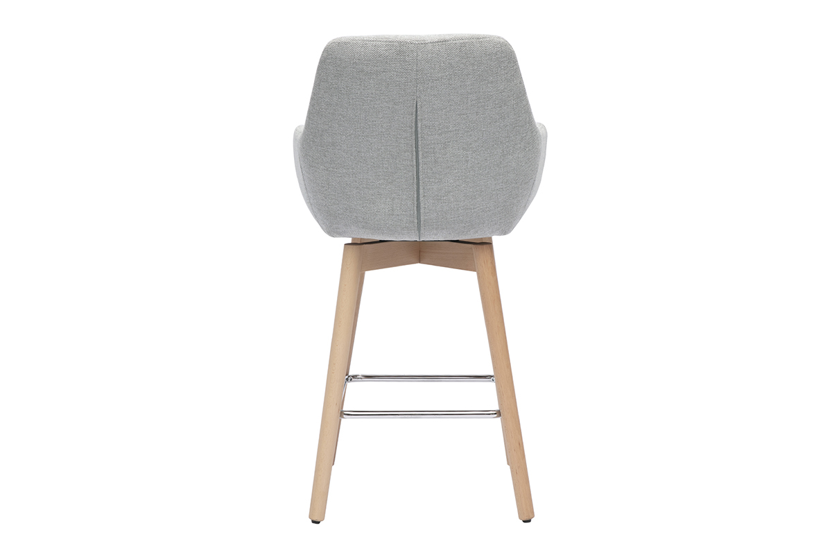 Tabouret de bar gris clair avec dossier en tissu velours et pieds en bois clair, vue arrire.