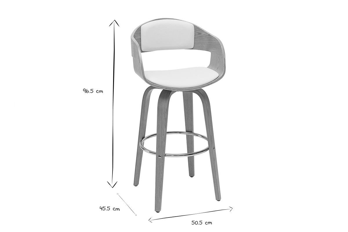 Tabouret de bar scandinave noir et blanc avec dimensions : 96.5 cm hauteur, 50.5 cm largeur, 45.5 cm profondeur.