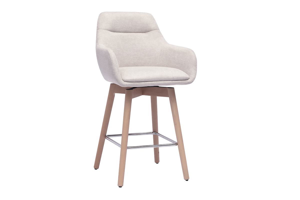 Tabouret de bar scandinave beige avec pied en bois clair, vue de 3/4.