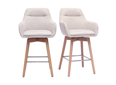 Tabourets de bar scandinaves pivotants 360&deg; en tissu effet velours textur&eacute; beige et bois clair H65 cm (lot de 2) ALESS