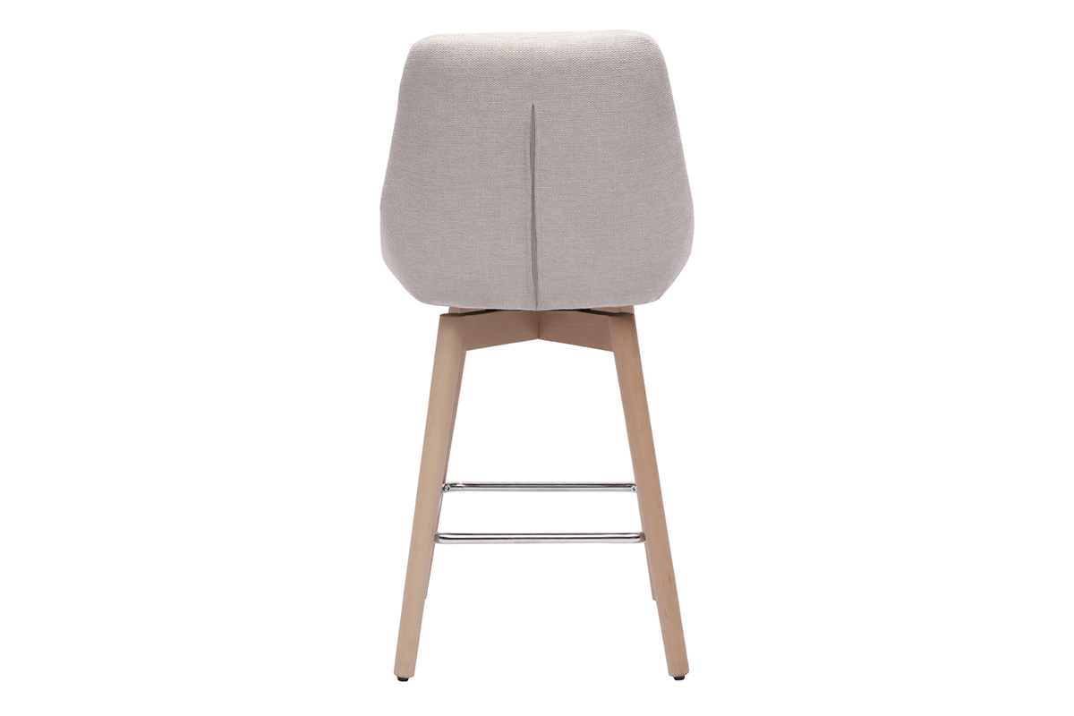 Tabouret de bar beige en tissu, vue arri�re, pieds en bois clair et repose-pieds en m�tal.