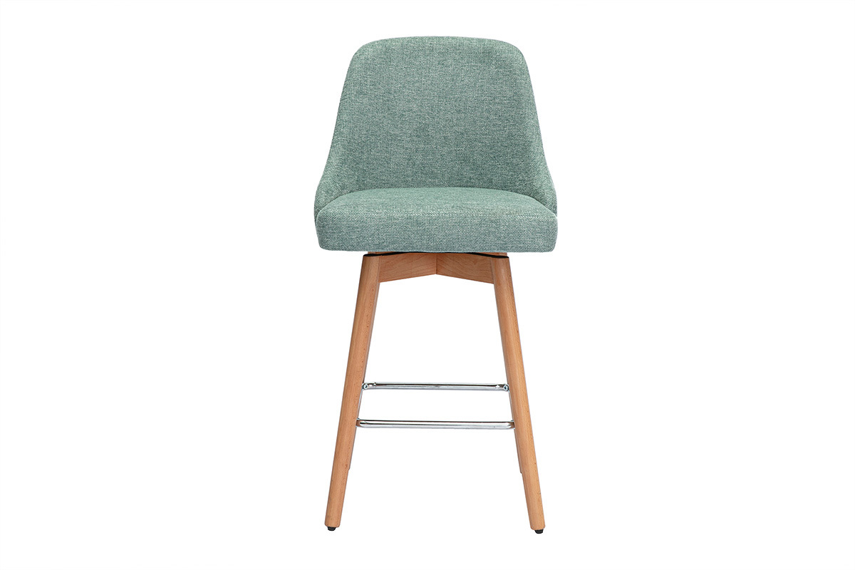 Tabouret de bar scandinave vert c�ladon, vue de face, pieds en bois h�tre et repose-pieds en m�tal.