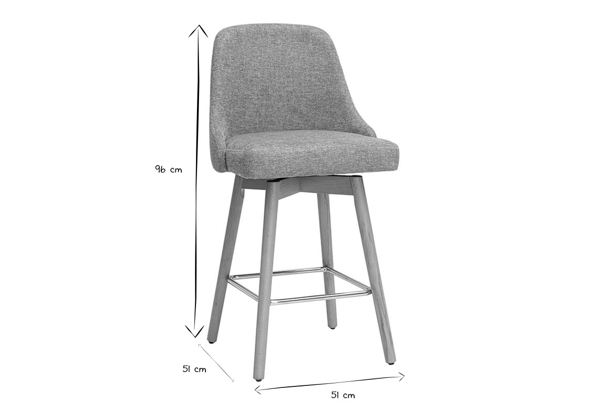 Dimensions d'un tabouret: hauteur 96 cm, largeur 51 cm, profondeur 51 cm, en noir et blanc.